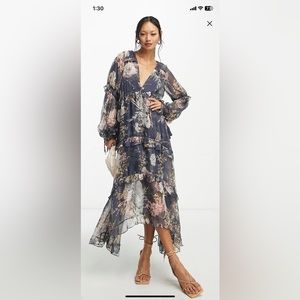 ASOS Design layered tiered midi dress in navy floral print with lace trim